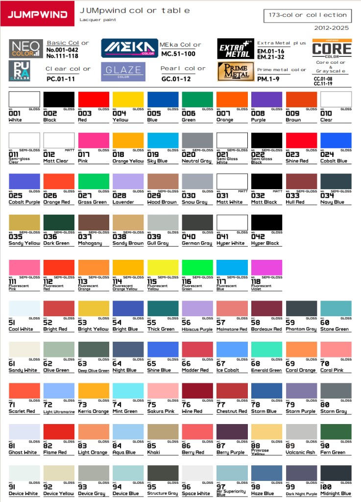 Jumpwind color table excerpt — 173-color lacquer overview